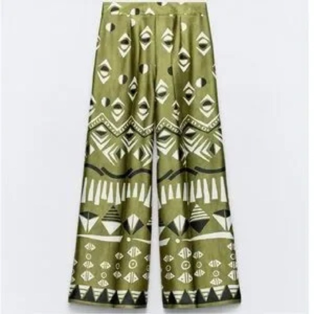 Zara Olive Green Wide-Leg Printed Jumpsuit Pants